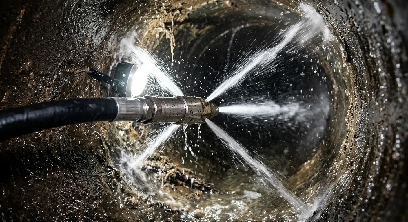 High-pressure hydro jetting nozzle cleaning sewer pipe for Trenchless Sewer Repair in Glenn Dale