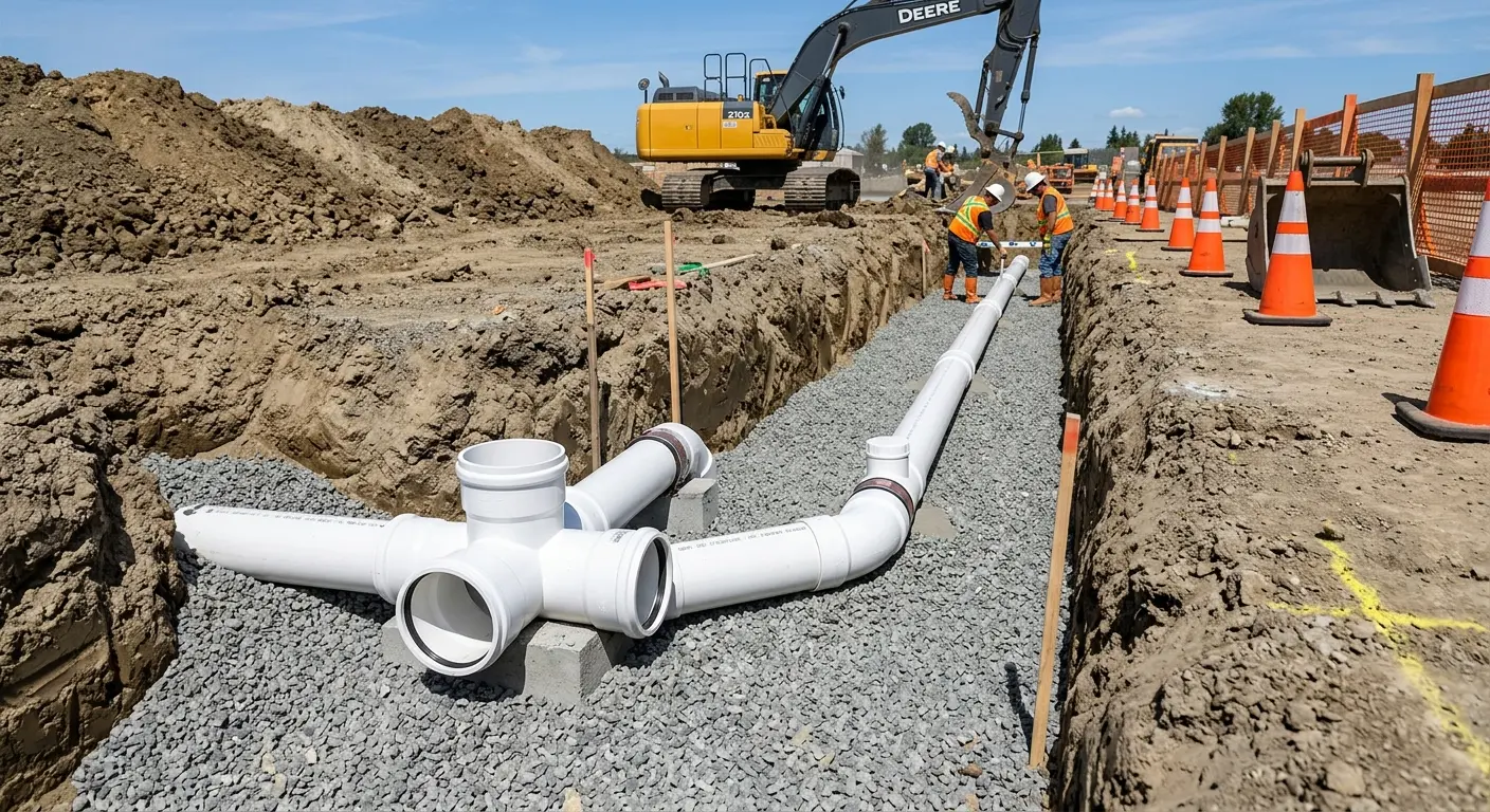New PVC sewer pipe installation in open trench for Commercial Drain Cleaning in Glenn Dale