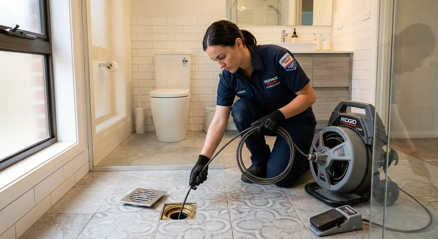 Technician clearing a bathroom floor drain for Drain Cleaning in Glenn Dale